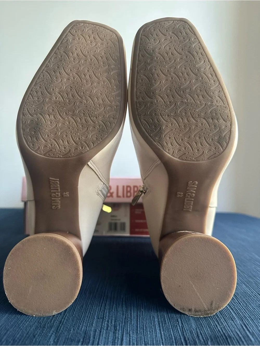 Sam & Libby Cream Leather Block Heel Ankle Boots